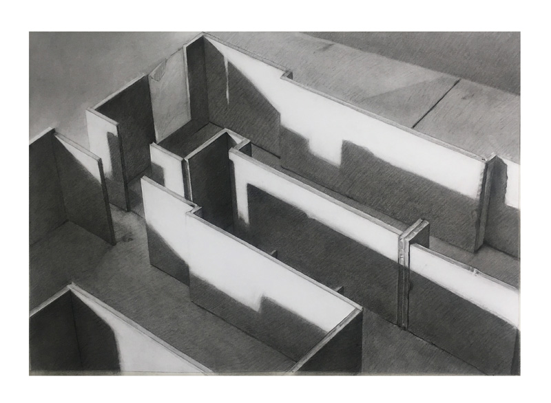 LABERINTO_DE_DUDA. Carbón sobre papel. 70 x 100 cms.  2019